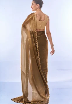 Embroidered Border Chiffon Shimmer Saree in Fawn