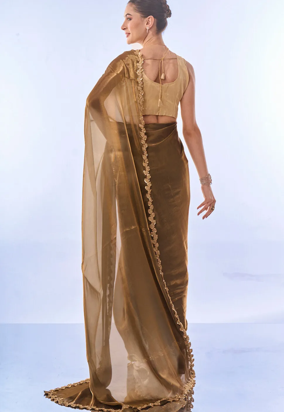 Embroidered Border Chiffon Shimmer Saree in Fawn
