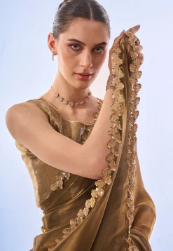 Embroidered Border Chiffon Shimmer Saree in Fawn