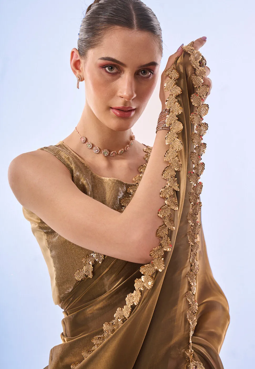 Embroidered Border Chiffon Shimmer Saree in Fawn