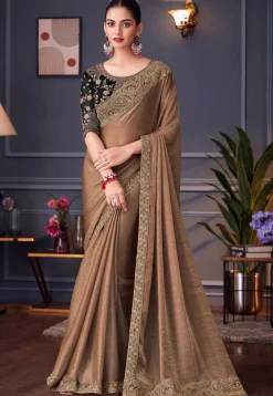 Embroidered Border Chiffon Scalloped Saree in Beige