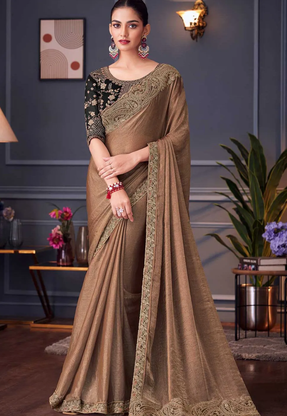 Embroidered Border Chiffon Scalloped Saree in Beige