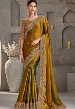 Embroidered Border Chiffon Scalloped Saree in Yellow and Green