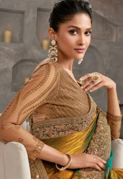 Embroidered Border Chiffon Scalloped Saree in Yellow and Green