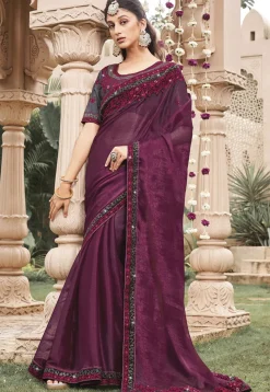 Embroidered Border Chiffon Shimmer Saree in Wine