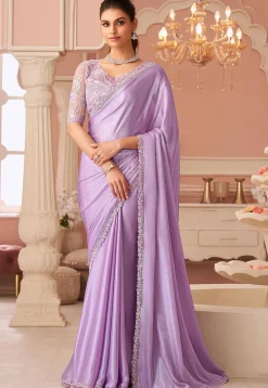 Embroidered Border Chiffon Saree in Light Purple
