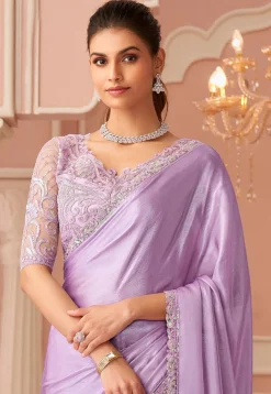 Embroidered Border Chiffon Saree in Light Purple