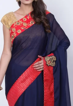 Embroidered Border Chiffon Saree in Navy Blue