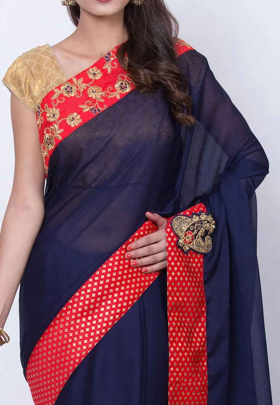 Embroidered Border Chiffon Saree in Navy Blue