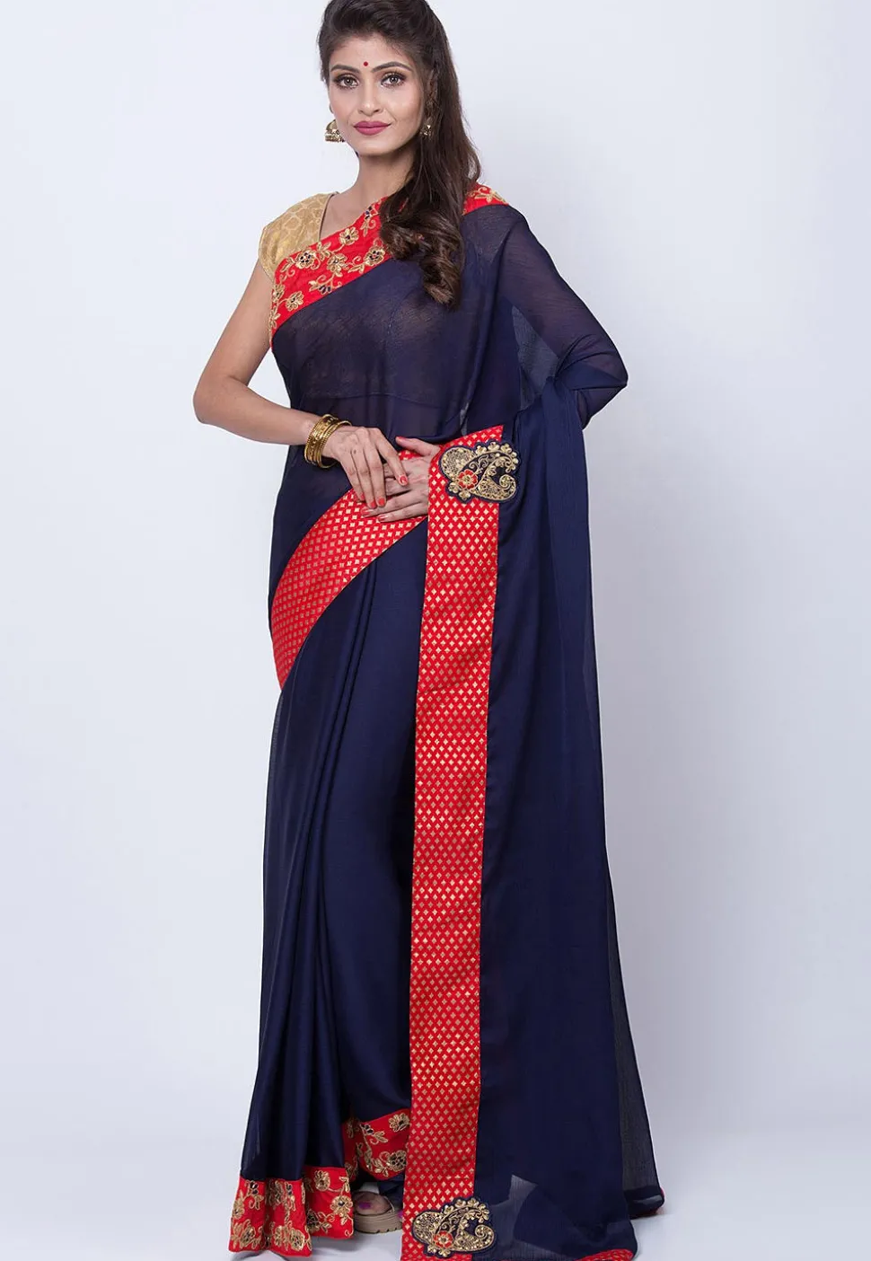 Embroidered Border Chiffon Saree in Navy Blue