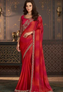 Embroidered Border Chiffon Saree in Red