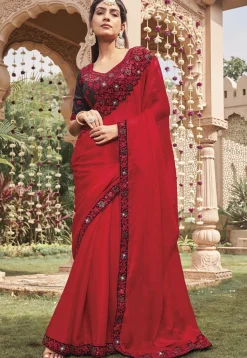 Embroidered Border Chiffon Saree in Red