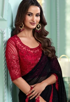 Embroidered Border Chiffon Scalloped Saree in Black