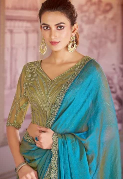 Embroidered Border Chiffon Shimmer Scalloped Saree in Blue