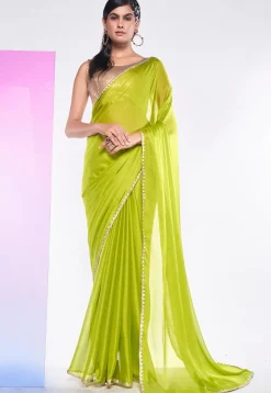 Embroidered Border Chiffon Saree in Light Green