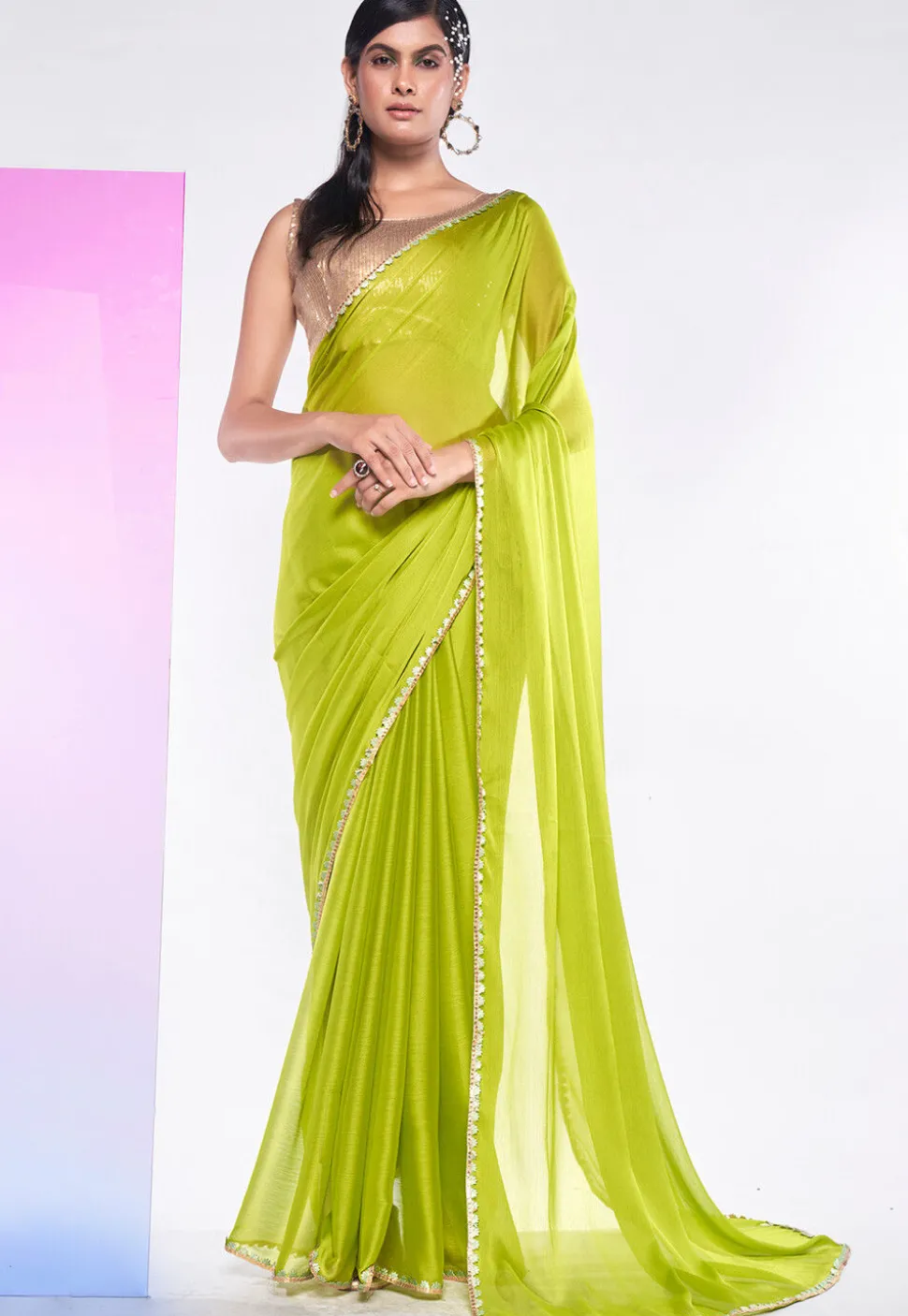Embroidered Border Chiffon Saree in Light Green