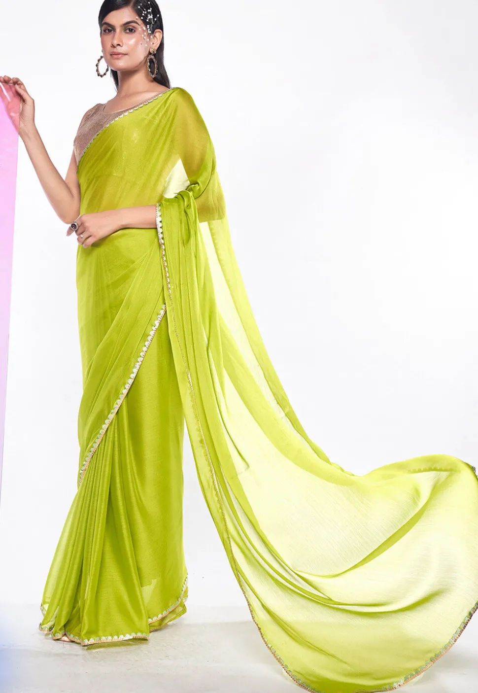 Embroidered Border Chiffon Saree in Light Green