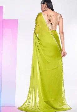 Embroidered Border Chiffon Saree in Light Green