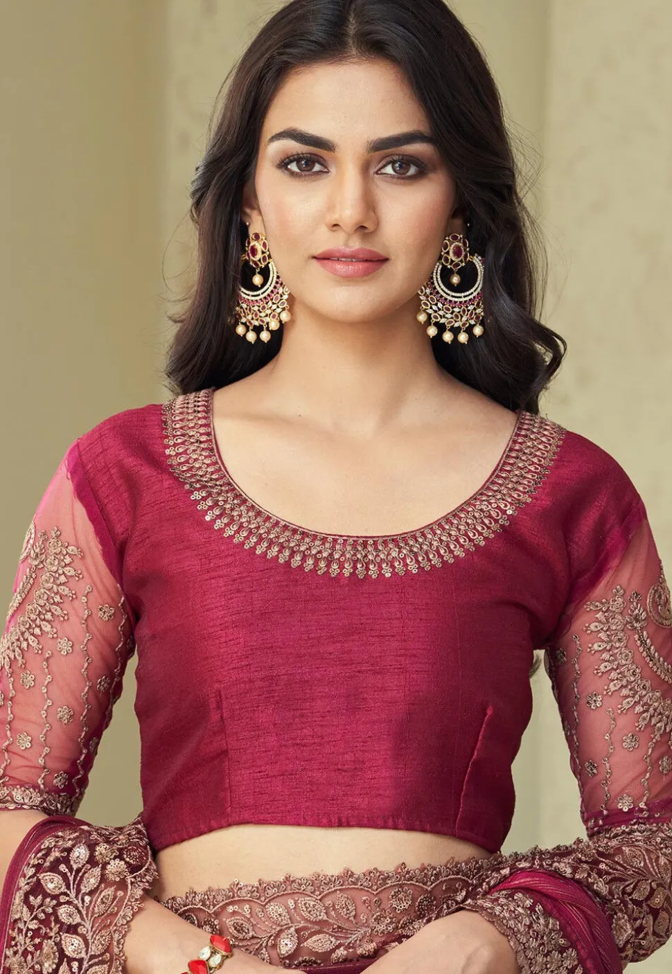 Embroidered Border Chiffon Shimmer Scalloped Saree in Maroon