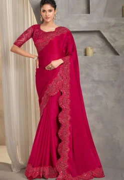 Embroidered Border Chiffon Scalloped Saree in Pink