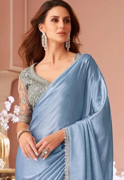 Embroidered Border Chiffon Saree in Light Blue