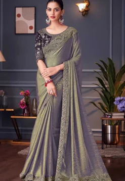 Embroidered Border Chiffon Scalloped Saree in Blue