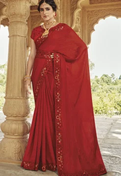 Embroidered Border Chiffon Jacquard Saree in Red