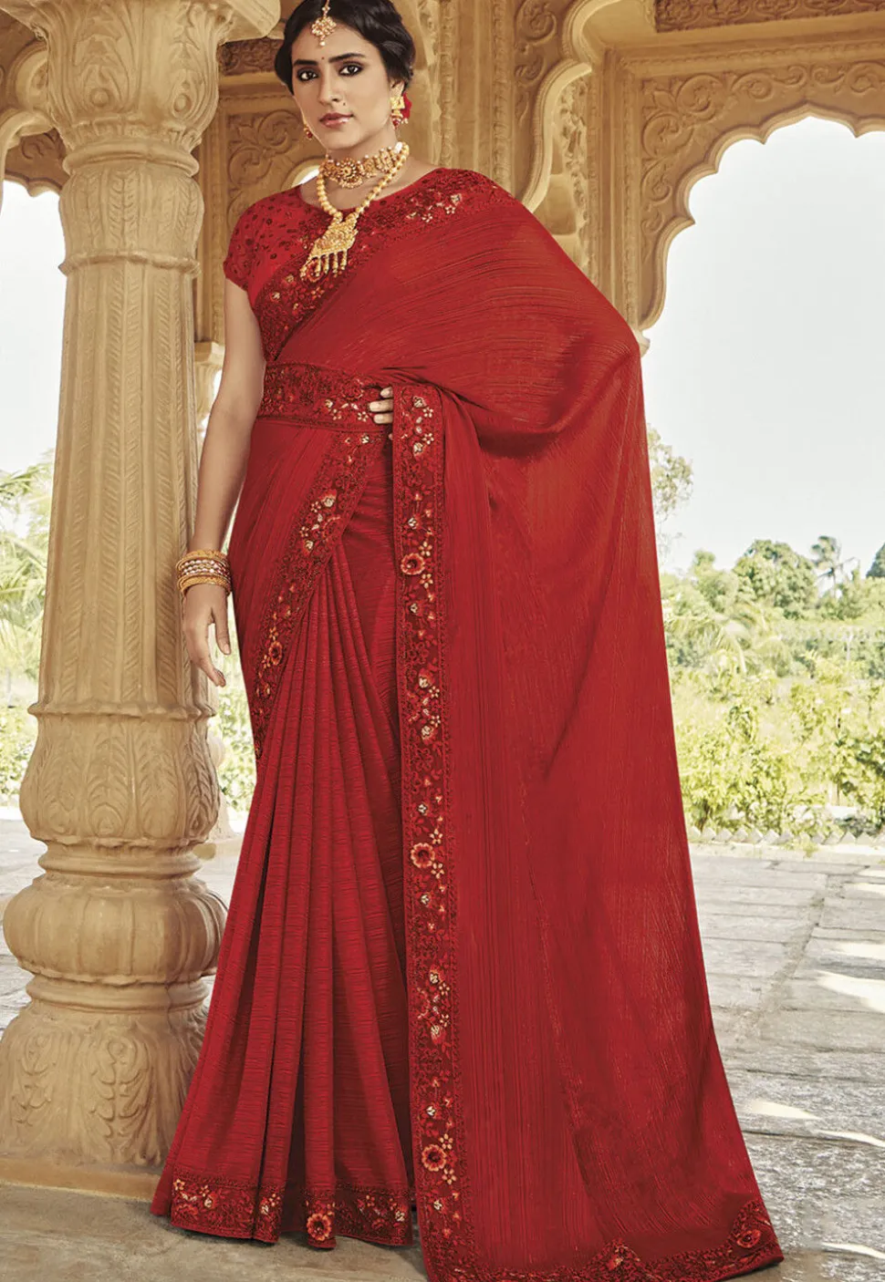 Embroidered Border Chiffon Jacquard Saree in Red