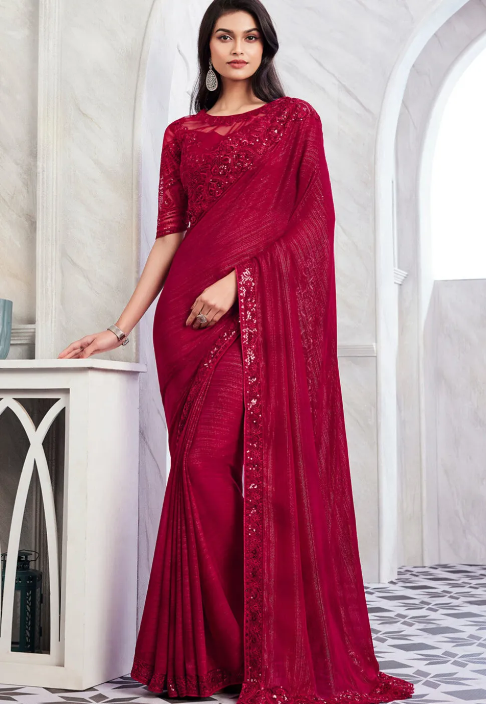 Embroidered Border Chiffon Brasso Saree in Fuchsia