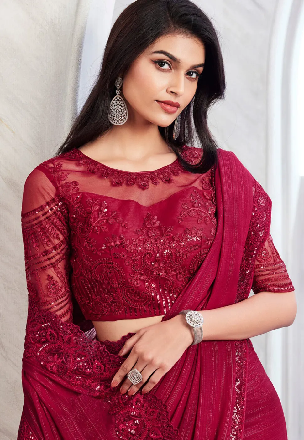 Embroidered Border Chiffon Brasso Saree in Fuchsia