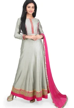 Embroidered Border Cotton Silk Abaya Style Suit in Grey