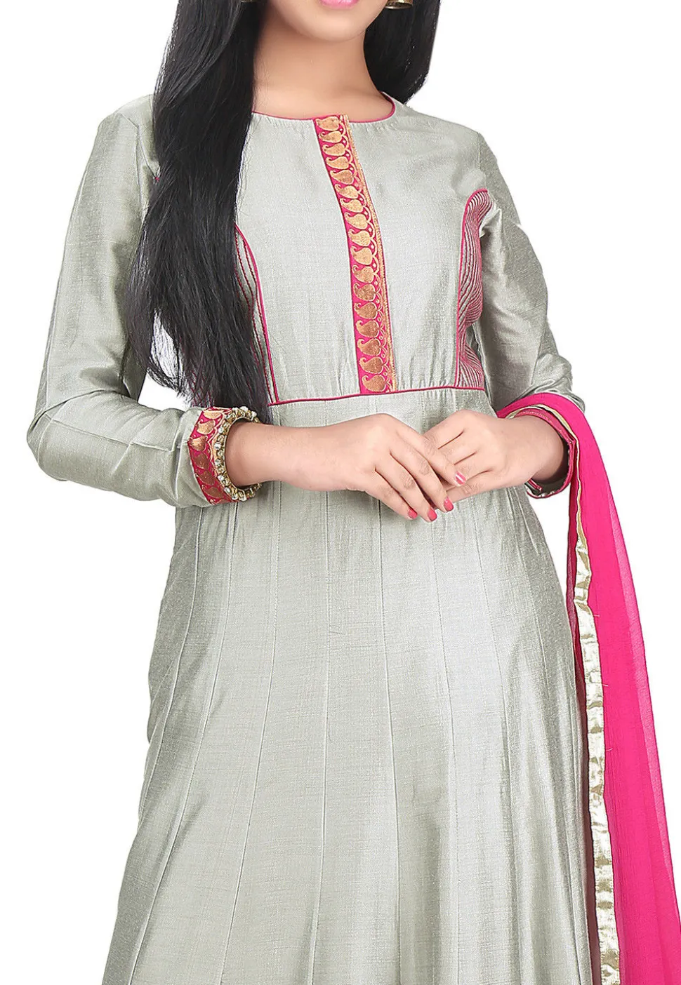 Embroidered Border Cotton Silk Abaya Style Suit in Grey