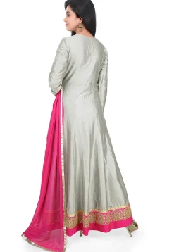 Embroidered Border Cotton Silk Abaya Style Suit in Grey