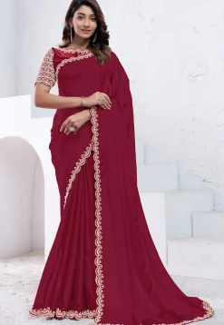 Embroidered Border Crepe Silk Scalloped Saree in Red