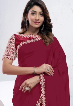 Embroidered Border Crepe Silk Scalloped Saree in Red