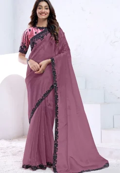 Embroidered Border Crepe Silk Saree in Dusty Purple