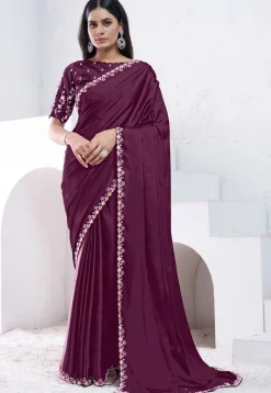 Embroidered Border Crepe Silk Saree in Wine