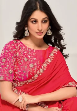 Embroidered Border Crepe Saree in Red
