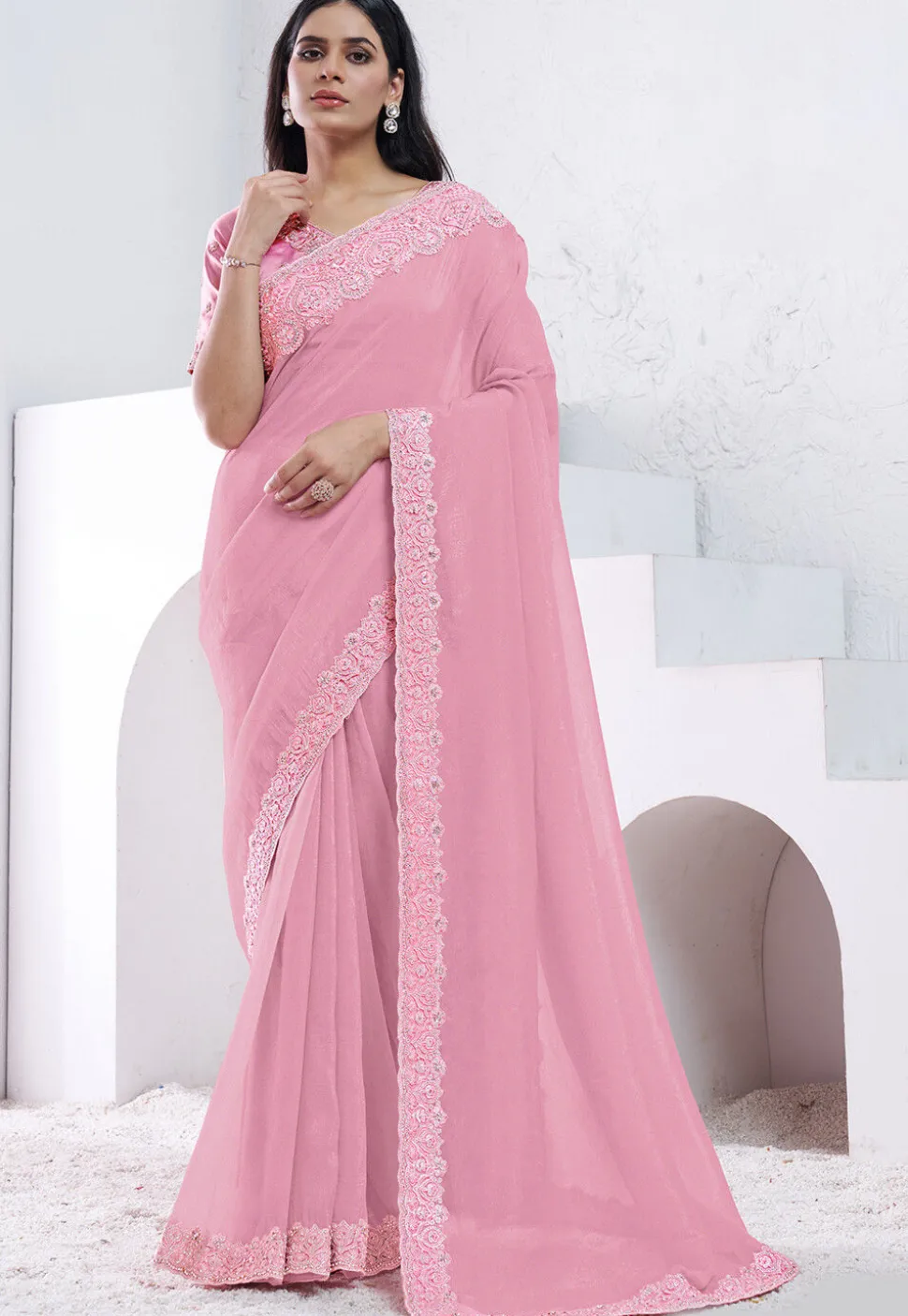 Embroidered Border Crepe Silk Saree in Light Pink