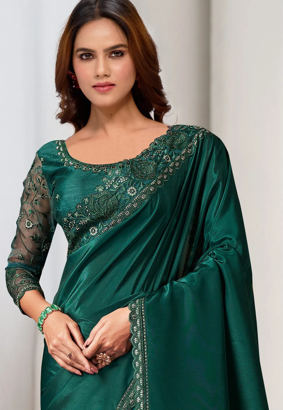 Embroidered Border Crepe Saree in Green