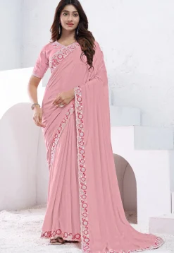 Embroidered Border Crepe Silk Saree in Light Pink