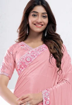 Embroidered Border Crepe Silk Saree in Light Pink