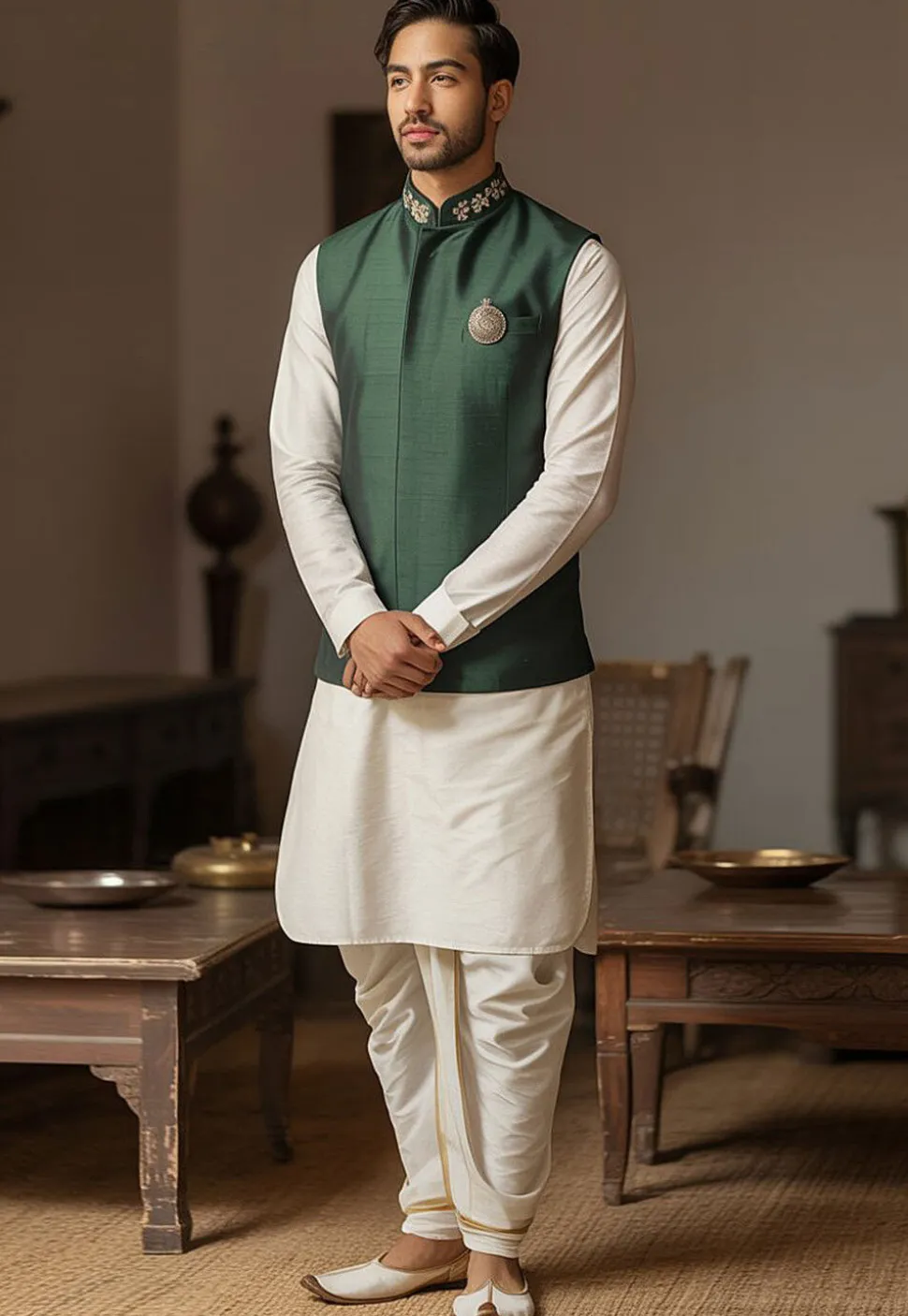 Embroidered Border Dupion Silk Kurta Set in White and Dark Green