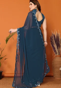 Embroidered Border Georgette Saree in Dark Teal Blue