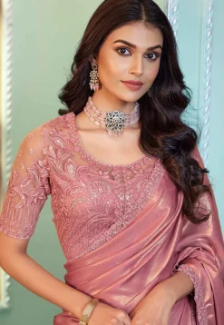 Embroidered Border Georgette Shimmer Saree in Pink