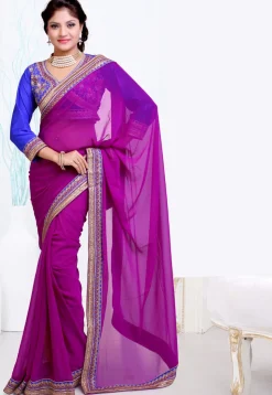 Embroidered Border Georgette Saree in Purple