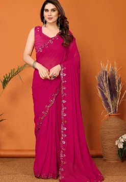 Embroidered Border Georgette Scalloped Saree in Magenta