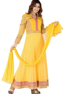 Embroidered Border Georgette Abaya Style Suit in Yellow