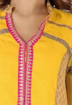 Embroidered Border Georgette Abaya Style Suit in Yellow
