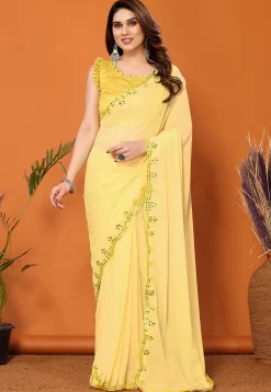 Embroidered Border Georgette Saree in Yellow